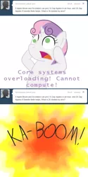 Size: 500x1000 | Tagged: safe, artist:scramjet747, derpibooru import, sweetie belle, pony, robot, robot pony, ask sweetie bot, comic, death, division by zero, does not compute, explosion, illogical, meme, self-destruct, sweetie bot, text, wtf boom!, wtf face