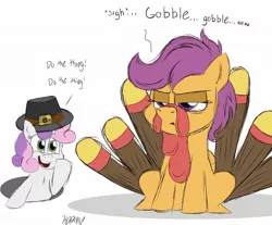 Size: 2000x1653 | Tagged: safe, artist:kdbrony, derpibooru import, scootaloo, sweetie belle, pony, cute, dialogue, holiday, scootachicken, scootaturkey, simple background, thanksgiving, turkey costume, white background