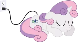 Size: 9346x5000 | Tagged: safe, artist:rmcfarland3, derpibooru import, sweetie belle, pony, robot, robot pony, unicorn, absurd resolution, charging, cord, eyes closed, female, filly, foal, hooves, horn, lying down, prone, recharging, simple background, sleeping, smiling, solo, sweetie bot, transparent background, us plug, vector
