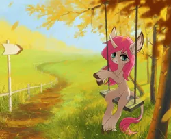 Size: 2421x1968 | Tagged: safe, artist:koviry, derpibooru import, oc, oc:tarot, unofficial characters only, classical unicorn, pony, unicorn, autumn, cloven hooves, curved horn, digital art, ear piercing, female, fence, floppy ears, fluffy, freckles, horn, leonine tail, long mane, long tail, mare, palomino, path, piercing, pink mane, scenery, sign, sitting, solo, swing, swinging, tree, unshorn fetlocks
