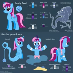 Size: 6400x6400 | Tagged: safe, artist:parclytaxel, derpibooru import, oc, oc:parcly taxel, oc:spindle, unofficial characters only, alicorn, genie, genie pony, pony, unicorn, windigo, albumin flask, .svg available, absurd resolution, alicorn oc, armband, bracelet, butt, collar, cutie mark, ear piercing, earring, horn, horn ring, jewelry, looking at you, magic, piercing, platinum, plot, reference sheet, ring, saddle arabia, sand, sapphire, shantae, tail wrap, vector, waistband, windigo oc, wingless, wings
