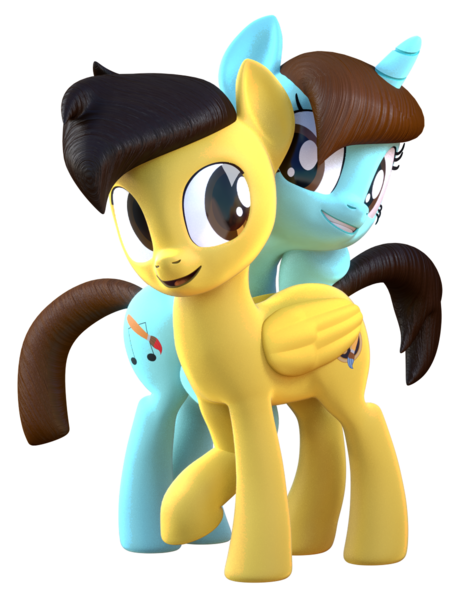 Size: 916x1200 | Tagged: safe, artist:melodiousmarci, derpibooru import, oc, oc:marci pearl, oc:raenon rollock, pegasus, pony, unicorn, 3d, blender, looking at each other, melodiousvisualz, oc x oc, shipping, simple background, transparent background