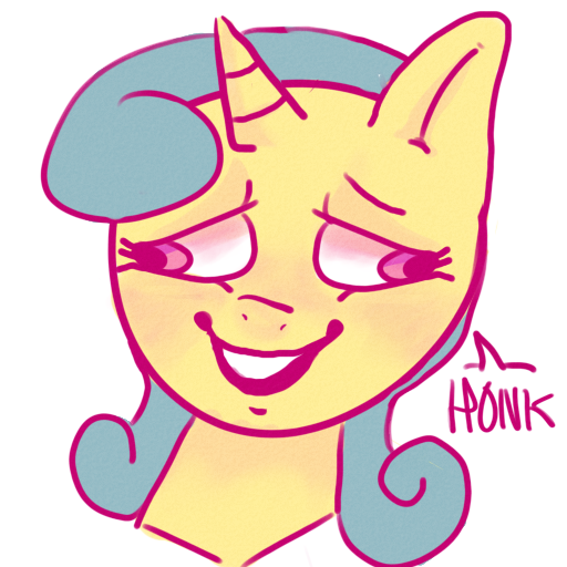 Size: 512x512 | Tagged: safe, artist:abortedfetusnecrophiliac, derpibooru import, lemon hearts, pony, unicorn, blushing, bust, derp, female, honk, lidded eyes, mare, open mouth, simple background, smiling, smirk, solo, wat, white background