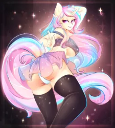 Size: 1153x1280 | Tagged: suggestive, artist:koveliana, derpibooru import, oc, oc:pop candy, unofficial characters only, anthro, unicorn, abstract background, anthro oc, bedroom eyes, bra, breasts, clothes, commission, digital art, female, mare, miniskirt, panties, skirt, skirt lift, smiling, socks, stars, thigh highs, thighs, underwear, white underwear, zettai ryouiki