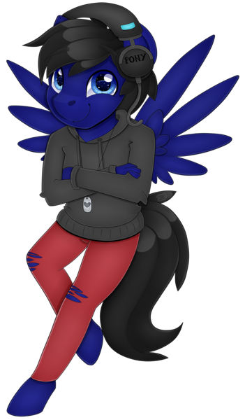 Size: 5058x8640 | Tagged: absurd resolution, anthro, artist:partylikeanartist, clothes, commission, derpibooru import, dog tags, headphones, hoodie, male, oc, oc:water horse, officalwaterhorse, pants, pegasus, safe, simple background, smiling, solo, torn clothes, transparent background, unguligrade anthro, unofficial characters only