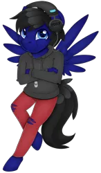 Size: 5058x8640 | Tagged: absurd resolution, anthro, artist:partylikeanartist, clothes, commission, derpibooru import, dog tags, headphones, hoodie, male, oc, oc:water horse, officalwaterhorse, pants, pegasus, safe, simple background, smiling, solo, torn clothes, transparent background, unguligrade anthro, unofficial characters only