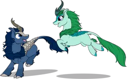 Size: 1778x1107 | Tagged: safe, artist:mythpony, derpibooru import, kirin oc, oc, oc:feather blade, oc:mint mist, unofficial characters only, kirin, cloven hooves, duo, simple background, transparent background