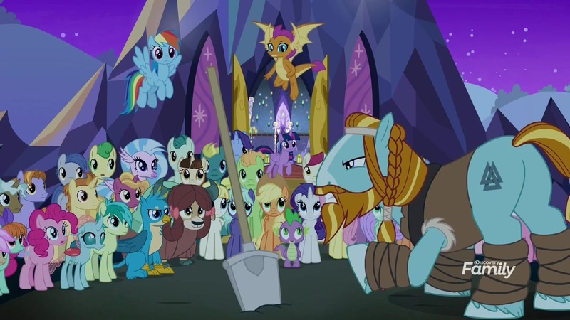 Size: 1920x1080 | Tagged: safe, derpibooru import, screencap, applejack, auburn vision, clever musings, dawnlighter, end zone, fire flicker, fluttershy, gallus, golden crust, huckleberry, lilac swoop, night view, november rain, ocarina green, ocellus, peppe ronnie, peppermint goldylinks, pinkie pie, rainbow dash, rarity, rockhoof, sandbar, silverstream, slate sentiments, smolder, spike, strawberry scoop, sugar maple, summer breeze, twilight sparkle, twilight sparkle (alicorn), yona, alicorn, changedling, changeling, classical hippogriff, dragon, earth pony, gryphon, hippogriff, pegasus, pony, unicorn, yak, a rockhoof and a hard place, background pony, background pony audience, bow, braid, butt, cloven hooves, colored hooves, crowd, dragoness, female, flying, friendship student, hair bow, hoof wraps, jewelry, male, mare, monkey swings, necklace, night, plot, rockhoof's shovel, shovel, stallion, student six, teenager, winged spike