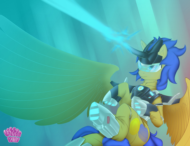 Size: 4500x3450 | Tagged: source needed, useless source url, safe, artist:littlepolly, derpibooru import, oc, oc:crushingvictory, pony, alternate hairstyle, armor, commission, cyberpunk, falling, hoof boots, laser beam, male, power suit, solo, spread wings, stallion, technology, visor, watermark, wings, ych result