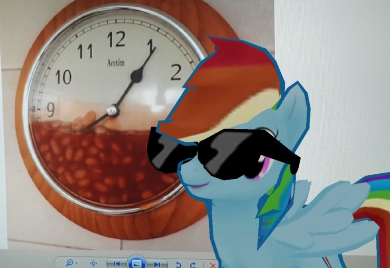 Size: 847x581 | Tagged: safe, derpibooru import, rainbow dash, pony, augmented reality, beans, clock, food, gameloft, look at the time, oof, solo, sunglasses