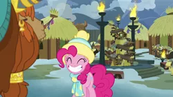 Size: 1280x720 | Tagged: safe, derpibooru import, screencap, pinkie pie, prince rutherford, yojan, earth pony, pony, yak, best gift ever, clothes, ear piercing, earring, eyes closed, female, grin, hat, jewelry, male, mare, piercing, scarf, smiling, yakyakistan