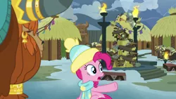 Size: 1280x720 | Tagged: safe, derpibooru import, screencap, pinkie pie, prince rutherford, earth pony, pony, yak, best gift ever, clothes, ear piercing, earring, female, hat, horn, horn ring, jewelry, male, mare, piercing, ring, scarf, yakyakistan