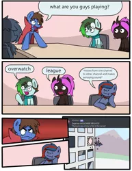 Size: 1000x1298 | Tagged: safe, artist:sugar morning, derpibooru import, oc, oc:bizarre song, oc:doge, oc:gryph xander, oc:retro hearts, oc:violet nebula, unofficial characters only, changeling, dog, dog pony, pony, angry, boardroom suggestion, building, cape, clothes, collar, comic, funny, inside joke, kick, meme, purple changeling, remake, scarf, scenery, window