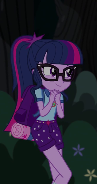 Size: 332x630 | Tagged: safe, derpibooru import, screencap, sci-twi, twilight sparkle, equestria girls, legend of everfree, backpack, camp everfree outfits, clothes, cropped, female, glasses, legs, ponytail, shorts, smiling, solo