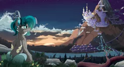 Size: 2970x1620 | Tagged: safe, alternate version, artist:moonlightstrange, derpibooru import, oc, oc:aliquida, unofficial characters only, pony, amputee, canterlot, city, cloud, cloudsdale, future, mountain, rider, solo, stump, sunrise