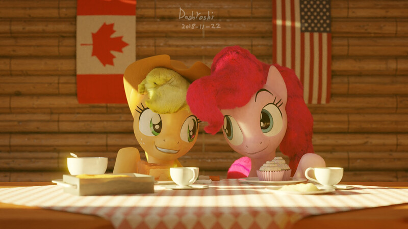 Size: 1920x1080 | Tagged: safe, artist:dashyoshi, derpibooru import, applejack, pinkie pie, earth pony, pony, 3d, blender, canada, cup, cupcake, female, flag, food, teacup, united states