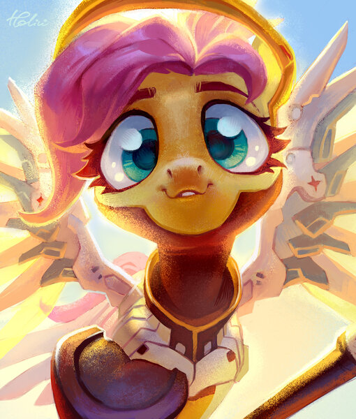 Size: 2258x2656 | Tagged: safe, artist:holivi, derpibooru import, fluttershy, pony, crossover, female, looking at you, mare, mercy, mercyshy, outstretched hoof, overwatch, smiling, solo