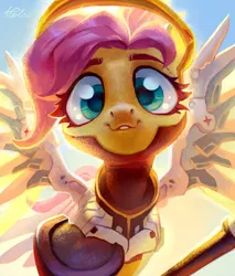 Size: 2258x2656 | Tagged: safe, artist:holivi, derpibooru import, fluttershy, pony, crossover, female, looking at you, mare, mercy, mercyshy, outstretched hoof, overwatch, smiling, solo