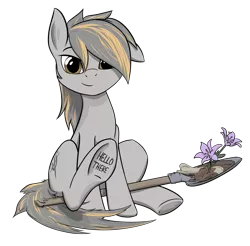 Size: 2062x2029 | Tagged: safe, derpibooru import, oc, oc:smokey debt, earth pony, pony, 2019 community collab, derpibooru community collaboration, flower, hello there, shovel, simple background, sitting, solo, transparent background