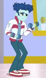 Size: 642x1075 | Tagged: safe, derpibooru import, screencap, curly winds, some blue guy, a fine line, equestria girls, equestria girls series, background human, clothes, cropped, jacket, male, pants, shoes, sneakers, solo