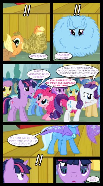 Size: 1280x2300 | Tagged: safe, artist:bigsnusnu, derpibooru import, applejack, pinkie pie, rainbow dash, rarity, trixie, twilight sparkle, earth pony, pegasus, pony, unicorn, comic:dusk shine in pursuit of happiness, angry, comic, dialogue, dilated pupils, dusk shine, excessive fluff, exclamation point, female, fluffy, frown, gag, glare, half r63 shipping, lesbian, lidded eyes, looking at someone, male, mare, on back, open mouth, reflection, rope, rope gag, rule 63, shipping, smiling, speech bubble, stage, stallion, straight, text, tied up, trixshine, twixie, unamused, unicorn dusk shine, unicorn twilight, worried
