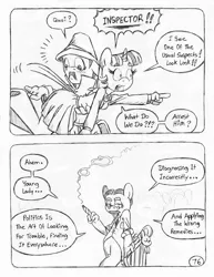 Size: 849x1100 | Tagged: alicorn, anthro, artist:circe, black and white, cigar, clothes, comic:soreloser, derpibooru import, grayscale, groucho marx, inspector jacques clouseau, louise the singing harp, marx brothers, monochrome, pleated skirt, safe, skirt, traditional art, twilight sparkle, twilight sparkle (alicorn), unguligrade anthro