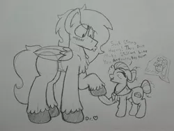 Size: 2576x1932 | Tagged: safe, artist:drheartdoodles, derpibooru import, granny smith, oc, oc:dr.heart, clydesdale, pegasus, pony, blushing, chest fluff, chibi, clothes, flirting, handshake, o3o, offscreen character, scarf, size difference, smiling, traditional art