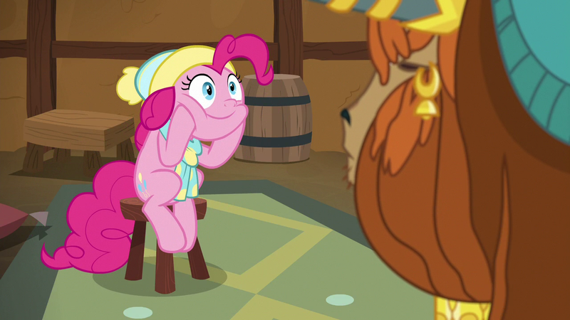 Size: 1280x720 | Tagged: safe, derpibooru import, screencap, pinkie pie, prince rutherford, earth pony, pony, yak, best gift ever, clothes, duo, ear piercing, earring, female, hat, jewelry, male, mare, piercing, scarf, stool