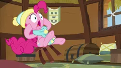 Size: 1280x720 | Tagged: safe, derpibooru import, screencap, pinkie pie, earth pony, pony, best gift ever, clothes, female, hat, mare, open mouth, scarf, solo, stool, surprised