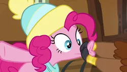 Size: 1280x720 | Tagged: safe, derpibooru import, screencap, pinkie pie, prince rutherford, earth pony, pony, yak, best gift ever, clothes, cloven hooves, female, gat, hat, hoof hold, mare, scarf, solo focus, toque