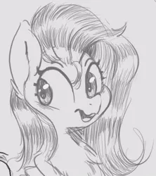 Size: 479x540 | Tagged: safe, artist:tre, derpibooru import, fluttershy, pegasus, pony, bust, female, grayscale, looking away, looking sideways, mare, monochrome, open mouth, portrait, sketch, smiling, solo, three quarter view