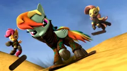 Size: 3840x2160 | Tagged: safe, artist:apexpredator923, derpibooru import, fluttershy, rainbow dash, scootaloo, pegasus, pony, 3d, clothes, dune, dunes, sand, skateboard, skateboarding, source filmmaker