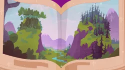 Size: 1440x810 | Tagged: book, derpibooru import, forest, illustration, mountain, no pony, open book, pine tree, river, safe, screencap, smokey mountains, the hooffields and mccolts, tree, valley