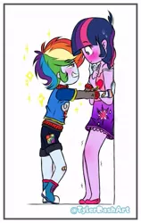 Size: 429x678 | Tagged: safe, artist:tylerdashart, derpibooru import, rainbow dash, twilight sparkle, equestria girls, bandaid, blushing, boots, clothes, converse, female, height difference, lesbian, looking at each other, no nose, shaking, shipping, shirt, shoes, shorts, simple background, skirt, smiling, smoldash, sneakers, sweat, twidash, white background, wristband