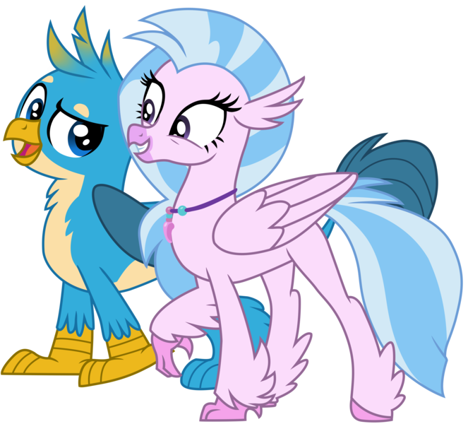 Size: 11706x10586 | Tagged: safe, artist:ejlightning007arts, derpibooru import, gallus, silverstream, classical hippogriff, gryphon, hippogriff, a matter of principals, absurd resolution, duo, female, male, open mouth, simple background, smiling, transparent background, vector