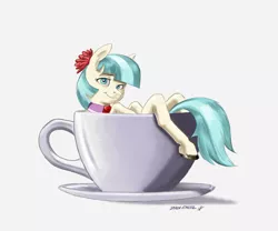 Size: 1300x1079 | Tagged: safe, artist:baron engel, derpibooru import, coco pommel, earth pony, pony, cup, cup of pony, female, mare, micro, pun, simple background, smiling, solo, teacup, visual pun, white background