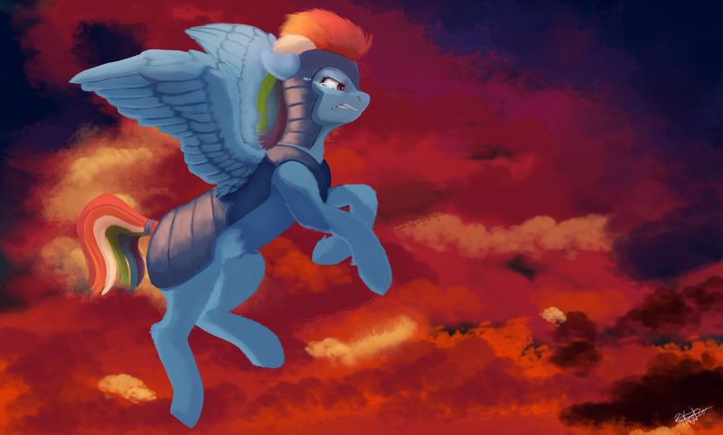 Size: 4887x2944 | Tagged: safe, artist:pucksterv, derpibooru import, rainbow dash, pegasus, pony, armor, cloud, cloudy, crying, female, flying, mare, red cloud, solo