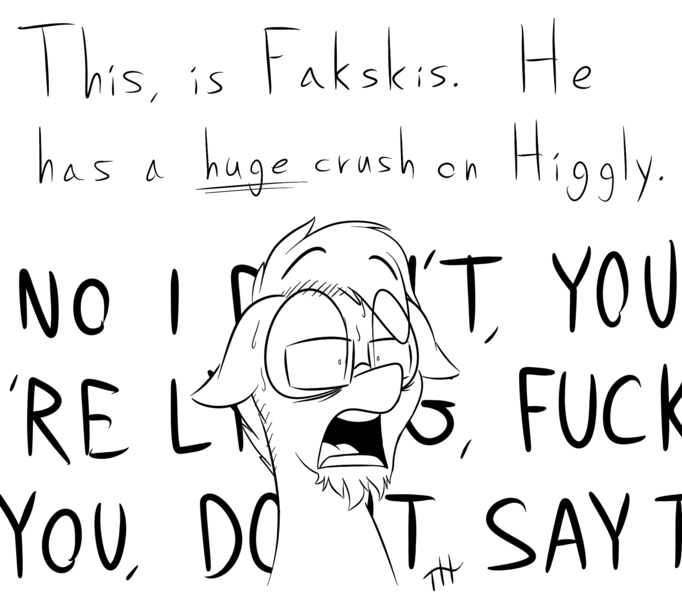 Size: 2160x1900 | Tagged: safe, artist:fakskis, derpibooru import, oc, oc:pencil draft, unofficial characters only, pony, beard, facial hair, floppy ears, glasses, male, monochrome, open mouth, shrunken pupils, sketch, solo, stallion, swearing, text, vulgar, wide eyes