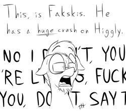 Size: 2160x1900 | Tagged: safe, artist:fakskis, derpibooru import, oc, oc:pencil draft, unofficial characters only, pony, beard, facial hair, floppy ears, glasses, male, monochrome, open mouth, shrunken pupils, sketch, solo, stallion, swearing, text, vulgar, wide eyes