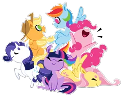 Size: 652x517 | Tagged: safe, artist:sprits, derpibooru import, applejack, fluttershy, pinkie pie, rainbow dash, rarity, twilight sparkle, earth pony, pegasus, pony, unicorn, beanbrows, cowboy hat, cute, cutie mark, eyebrows, eyes closed, female, hat, lineless, looking at each other, mane six, mare, missing cutie mark, nose in the air, open mouth, outline, raised hoof, simple background, sitting, smiling, spread wings, thick eyebrows, transparent background, wings