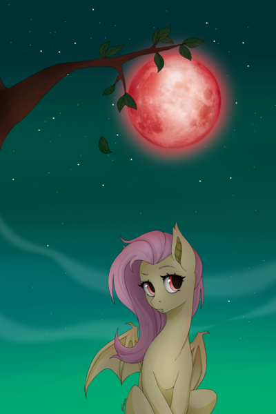 Size: 1024x1536 | Tagged: safe, artist:ridgessky, derpibooru import, fluttershy, bat pony, pony, bat ponified, bat wings, blood moon, falling leaves, fangs, female, flutterbat, head turn, leaf, looking sideways, moon, night, night sky, race swap, sitting, sky, stars, three quarter view, tree, tree branch, wings