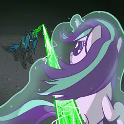 Size: 1280x1280 | Tagged: safe, artist:phat_guy, derpibooru import, queen chrysalis, starlight glimmer, changeling, changeling queen, pony, unicorn, awesome in hindsight, blast, dodge, female, fight, glowing horn, hilarious in hindsight, horn, levitation, magic, magic blast, mare, self-levitation, telekinesis