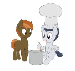 Size: 3000x2840 | Tagged: safe, artist:triplesevens, derpibooru import, button mash, rumble, pony, chef's hat, duo, foal, hat, simple background, smiling