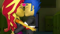 Size: 1920x1080 | Tagged: safe, artist:class37boy, derpibooru import, flash sentry, sunset shimmer, equestria girls, equestria girls series, 3d, female, flashimmer, kissing, male, shipping, straight
