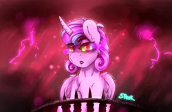 Size: 2494x1626 | Tagged: safe, artist:aaa-its-spook, derpibooru import, princess flurry heart, alicorn, pony, adult, black clouds, cloud, edgy, evil, evil flurry heart, fangs, female, flurry heart ruins everything, lightning, lipstick, meme, rain, red sky, solo, storm