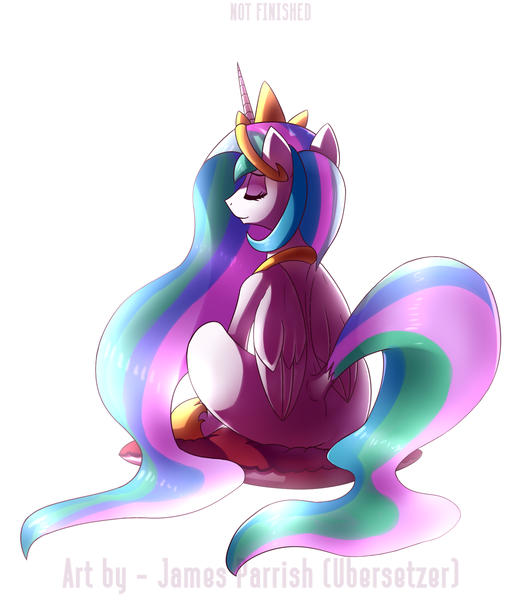 Size: 1584x1816 | Tagged: safe, artist:quefortia, derpibooru import, princess celestia, alicorn, pony, butt, eyes closed, female, mare, plot, simple background, sitting, smiling, solo, white background