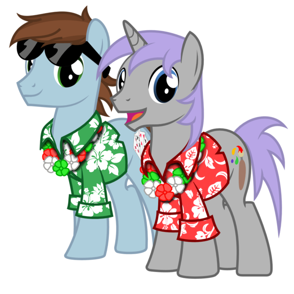 Size: 1000x1000 | Tagged: safe, artist:avastindy, derpibooru import, oc, oc:coolj, oc:spark brush, unofficial characters only, earth pony, pony, unicorn, 2019 community collab, derpibooru community collaboration, clothes, hawaiian shirt, lei, male, shirt, simple background, stallion, sunglasses, transparent background