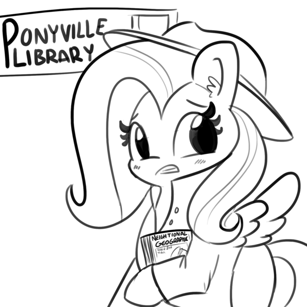 Size: 1280x1280 | Tagged: safe, artist:tjpones, derpibooru import, fluttershy, pegasus, pony, book, clothes, coat, female, hat, mare, monochrome, national geographic, pervert, sketch, spread wings, wingboner, wings, zeeb