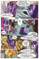 Size: 2858x4334 | Tagged: alicorn, applejack, artist:fandomsoverfall, cleaning, comic, comic:curse and madness, day, derpibooru import, female, male, mare, mlpcam, onomatopoeia, ponyville, safe, sky, stallion, text, text bubbles, twilight sparkle, twilight sparkle (alicorn), waking up, yawn