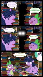 Size: 667x1198 | Tagged: safe, artist:bigsnusnu, derpibooru import, princess celestia, spike, twilight sparkle, alicorn, dragon, pony, unicorn, comic:dusk shine in pursuit of happiness, book, book fort, caught, comic, dialogue, dusk shine, glowing eyes, rule 63, silhouette, this will end in death, this will end in tears, this will end in tears and/or death, trollestia, two kids gon' die tonight, unicorn dusk shine
